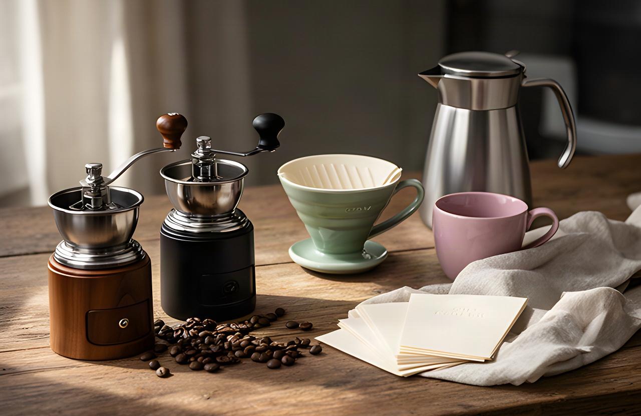 Auswahl an Handmühlen, Filtern und Kaffeekannen auf einem Holztisch