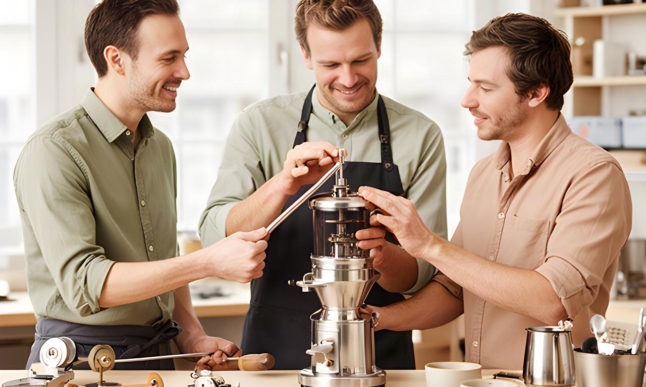 Kaffeefachleute aus Langenthal prüfen eine Handmühle an einer hellen Werkbank