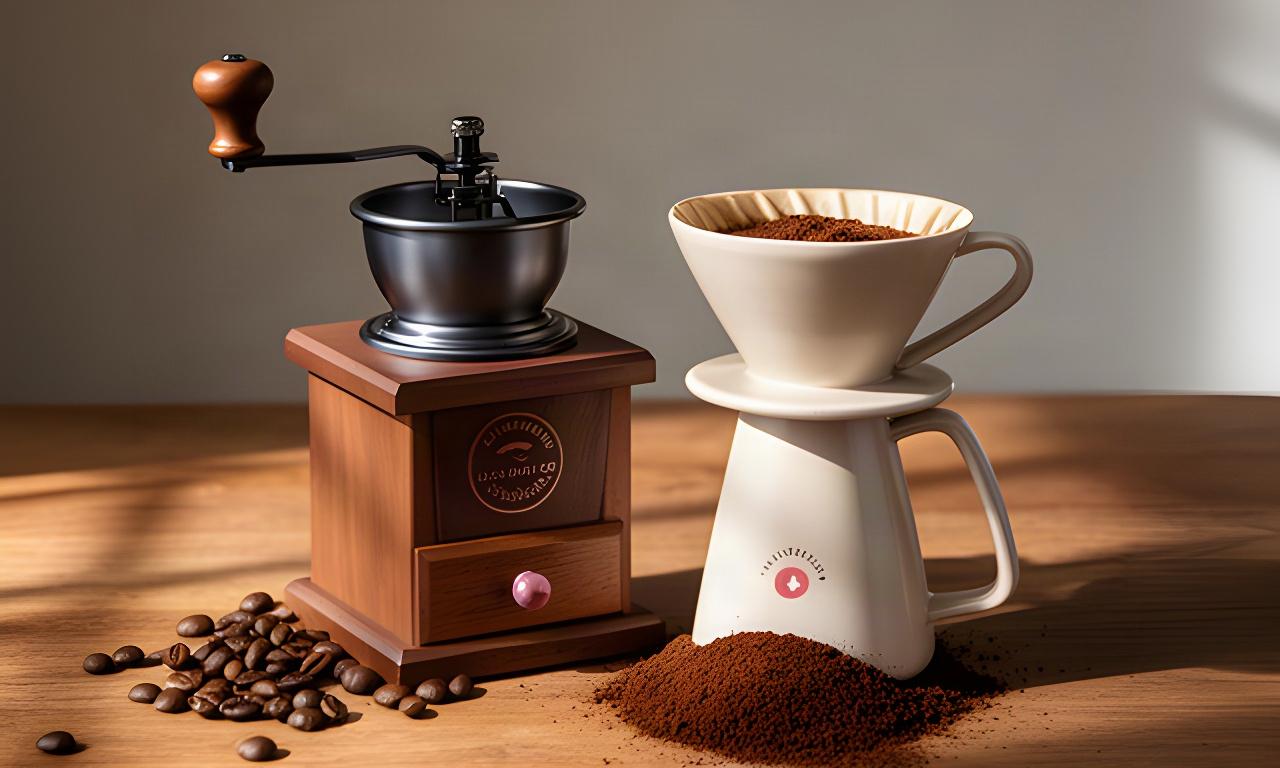 Handmühle und Keramikbrüher auf einem Holztisch neben frisch gemahlenem Kaffee